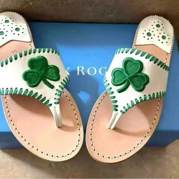 NWT Jack Rogers Classic Samdals White with Embroidered Green Shamrock Size 6 - Picture 5 of 14